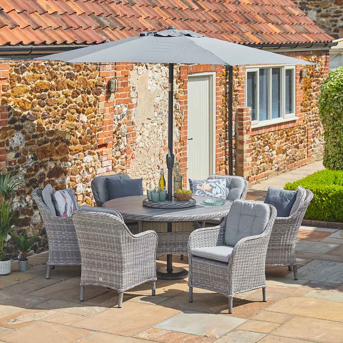 Leisure Grow - St Tropez Stone 6 Seat Dining Set with Weave Lazy Susan & 3m Parasol - Stone Grey