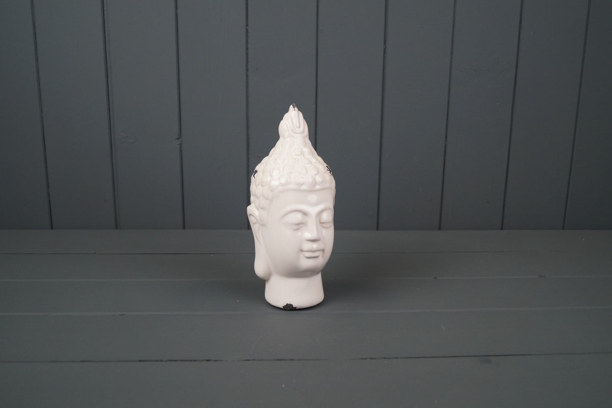 White Ceramic Aged Buddha Head - 19cm