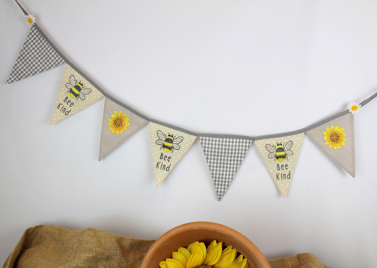 Sunflower Bumble Bee Fabric Bunting with Grey Gingham Flags