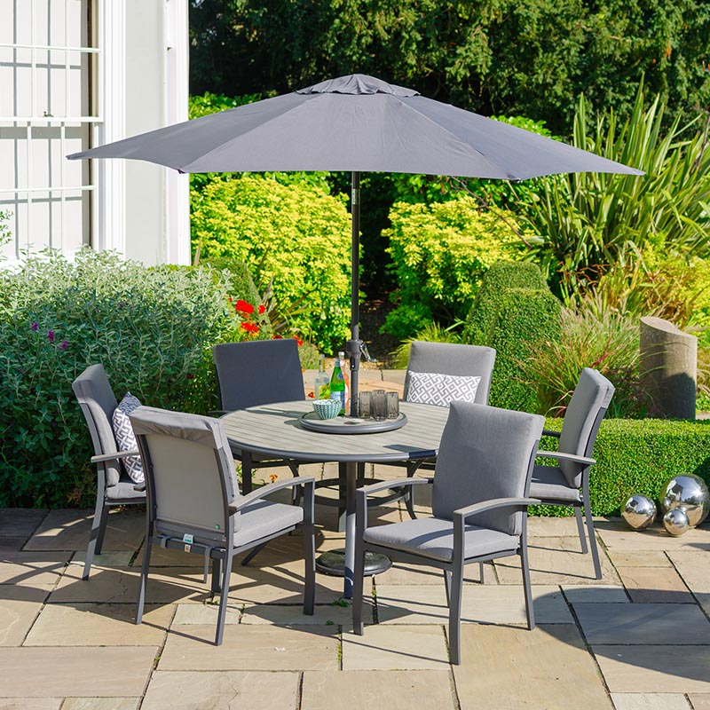 Leisure Grow - Turin Aluminium 6 Seat Dining Set with Lazy Susan & 3m Parasol - Graphite Grey