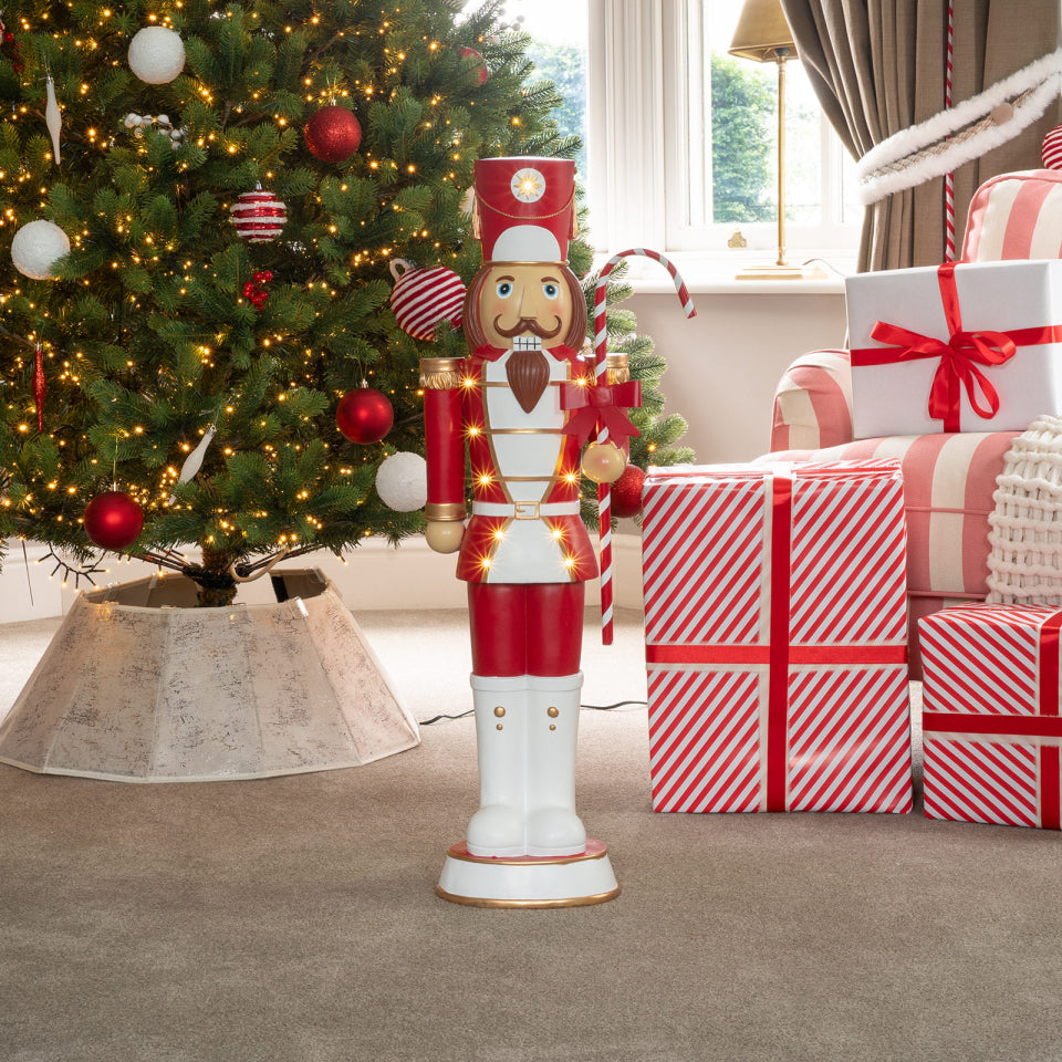 Noel the 3ft Red & White Giant Nutcracker with Candy Cane Light Up - Indoor or Outdoor Christmas Decoration