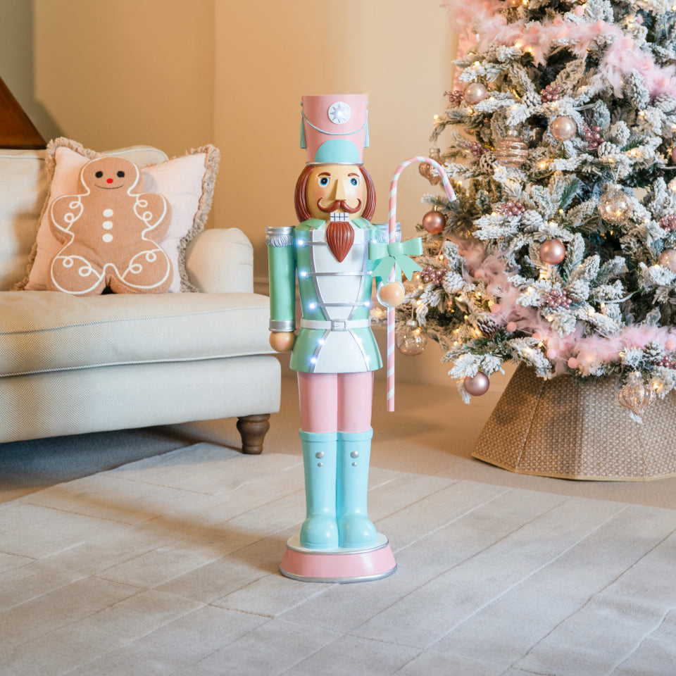 Noel the 3ft Pastel Pink Pastels Giant Nutcracker with Candy Cane Light Up - Indoor or Outdoor Christmas Decoration