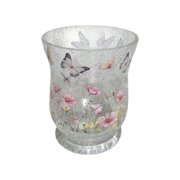 Glass Floral Butterfly Hurricane Candle Holder - 11cm