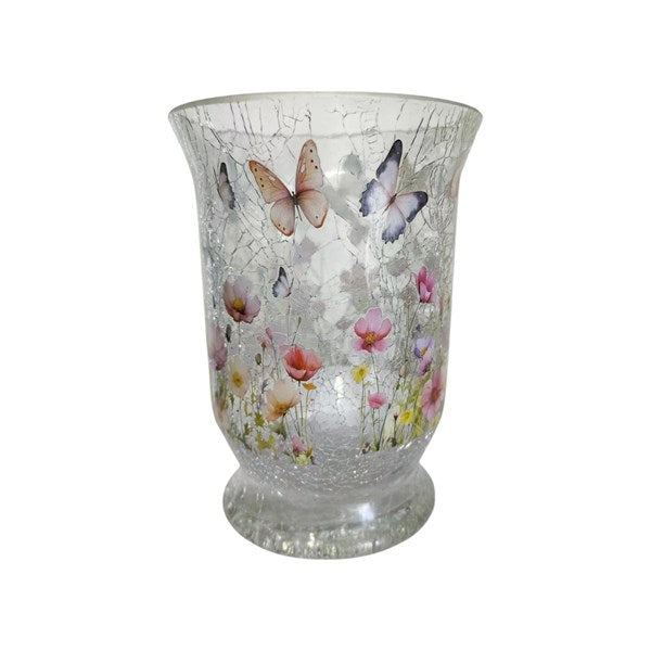 Glass Floral Butterfly Hurricane Candle Holder - 15cm