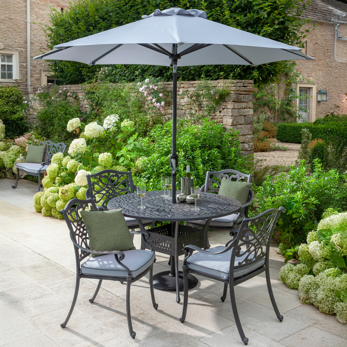 Hartman - Capri Cast Aluminium 4 Seat Dining Set with Antique Grey Frame & Platinum Cushions with 2.5m Parasol & Base
