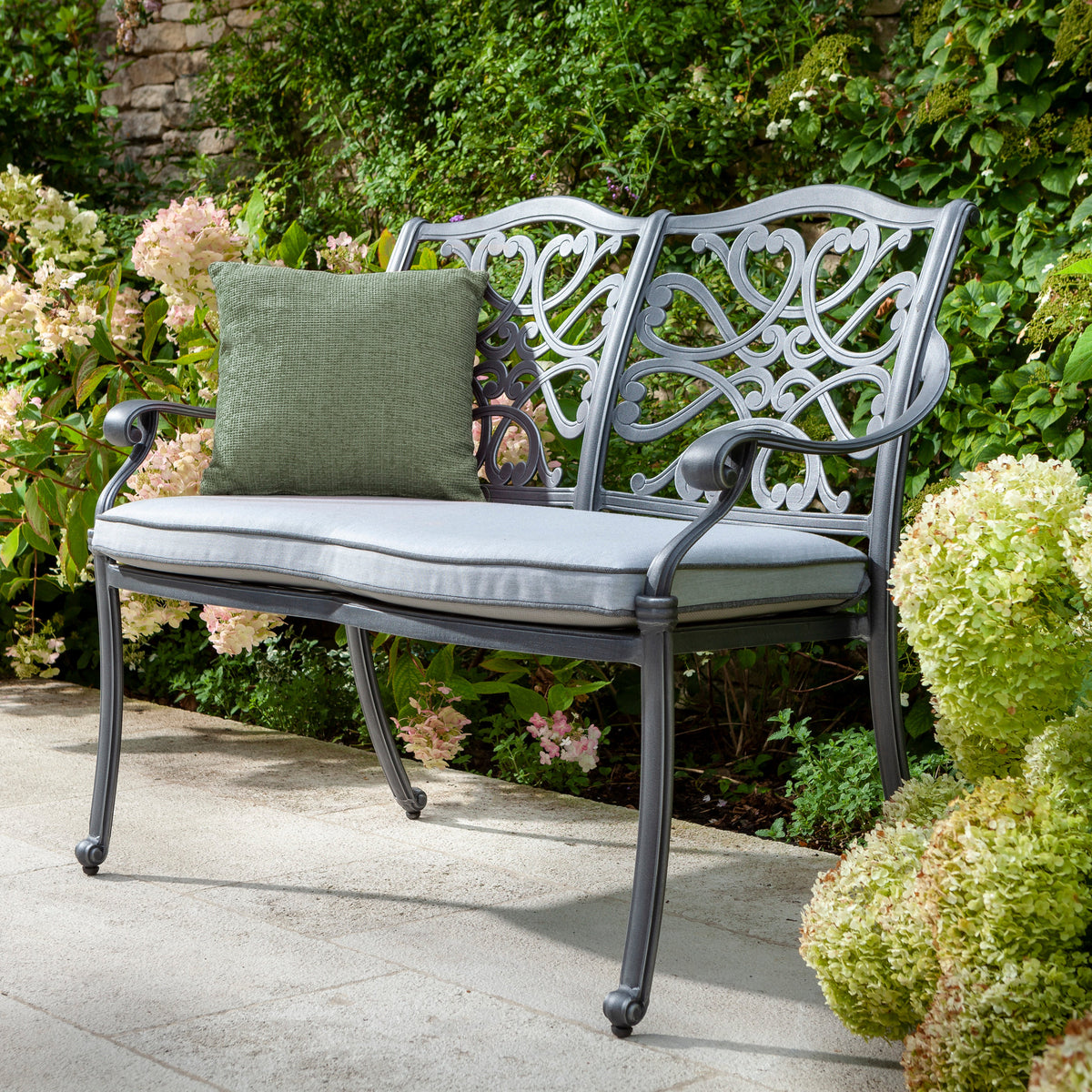 Hartman - Capri Cast Aluminium 2 Seat High Back Bench with Antique Grey Frame & Platinum Cushions