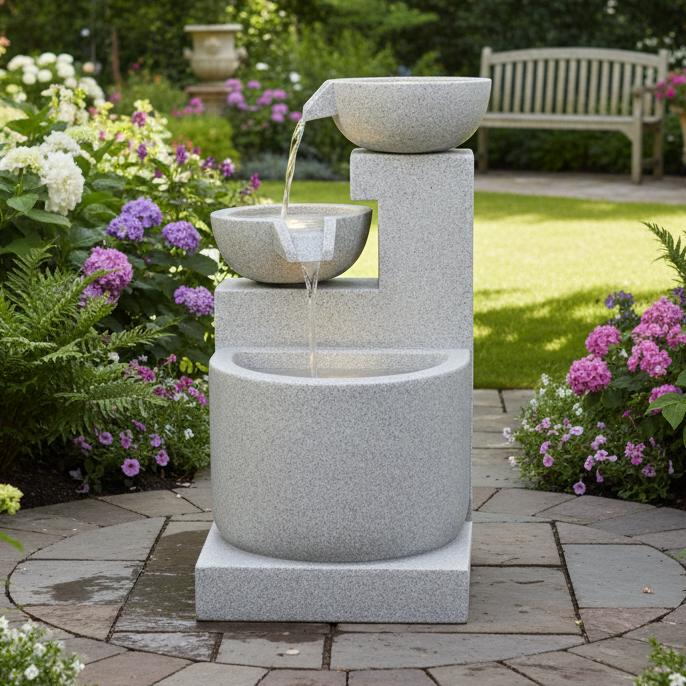 Lumineo 75cm Light Grey Tiered LED Garden Water Feature – Outdoor Fountain