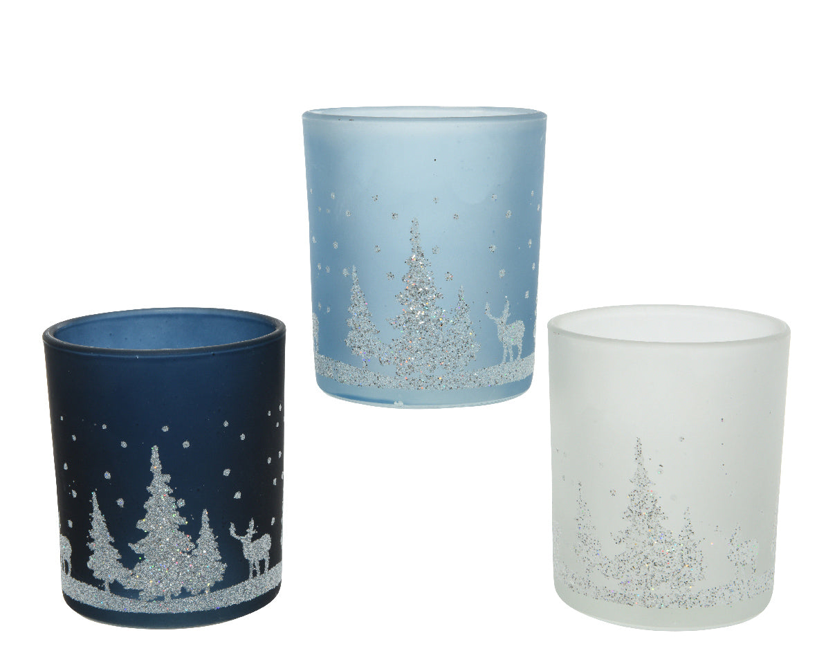 Matt Glass Tealight Holders with Glitter Scenery