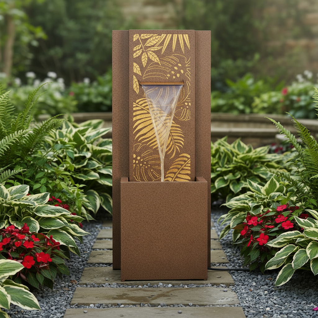 Lumineo Rustic Brown Monstera Garden Water Feature with LED Lights – 107cm Outdoor Fountain