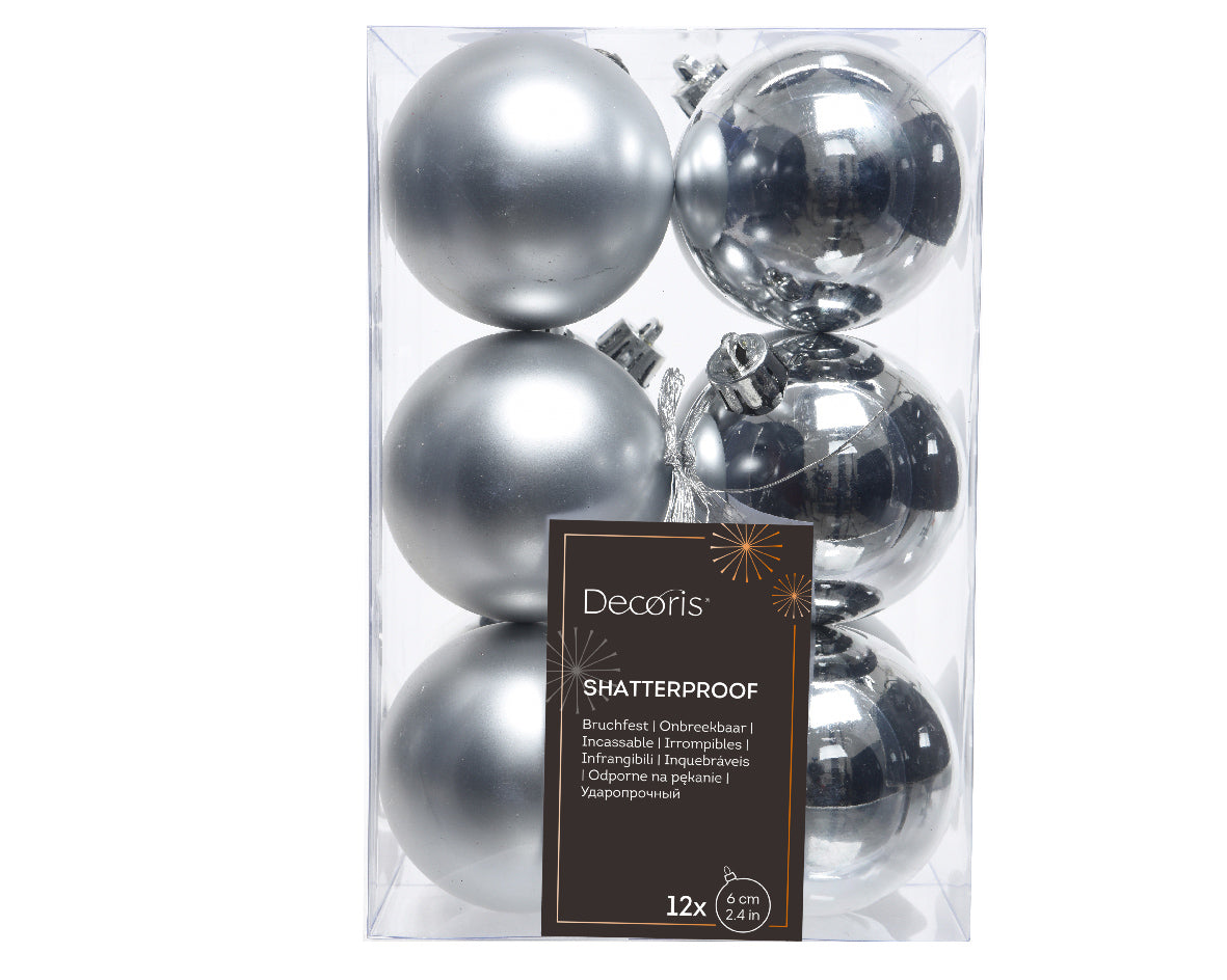 Silver Shatterproof Shiny & Matt Christmas Baubles Set - 6cm - Box of 12