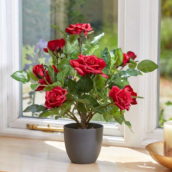Artificial Regent Rose Potted Plant Tree Faux Flowers – 40cm Ruby Red
