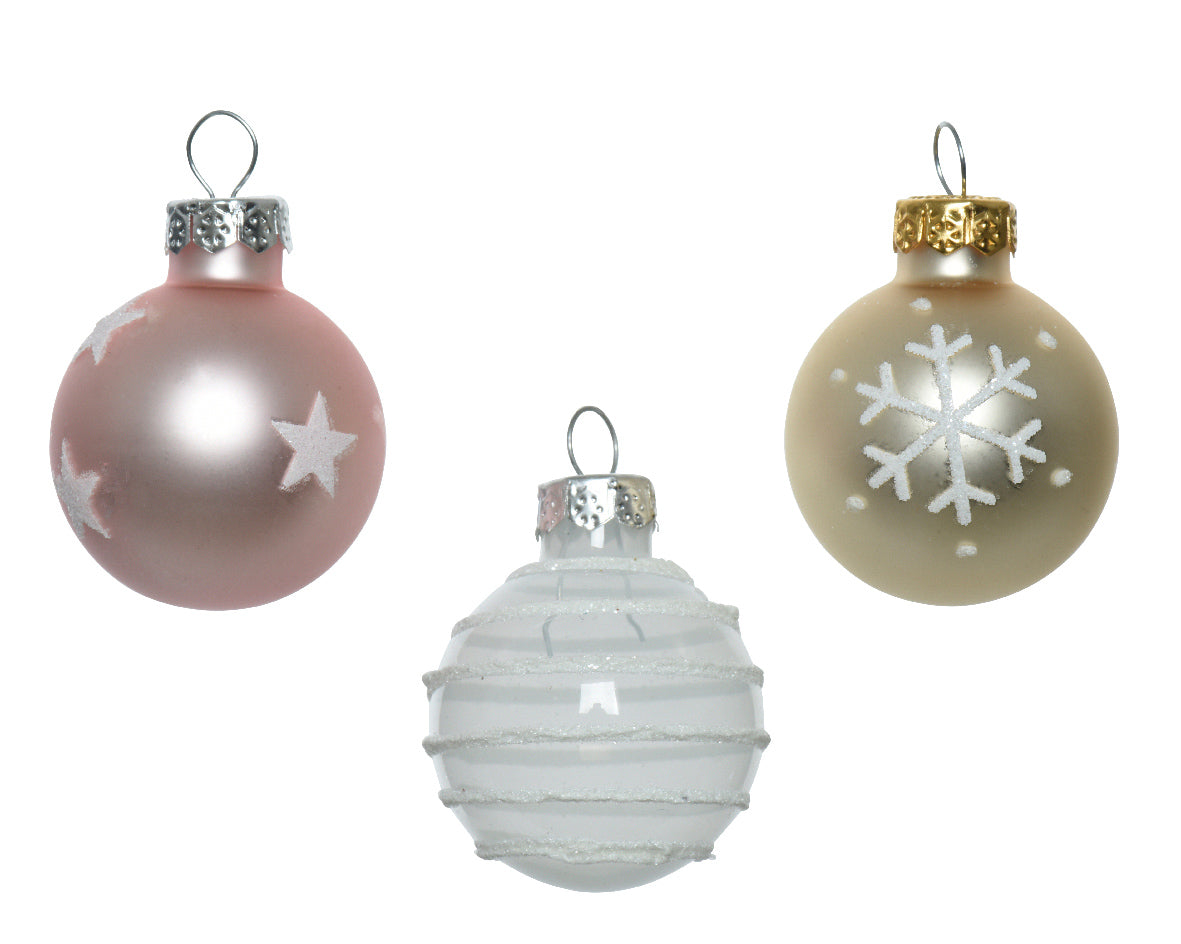 Tube of 9 Mini Glass Baubles with Enamel & Matt Finishes and Star, Snowflake & Line Design in White, Pearl & Blush Pink