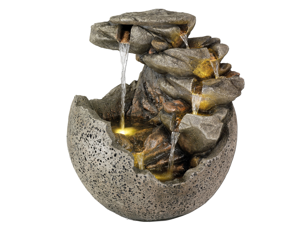 Lumineo Round Stone Effect Cascading Outdoor Water Feature with LED Lights - 60.5cm