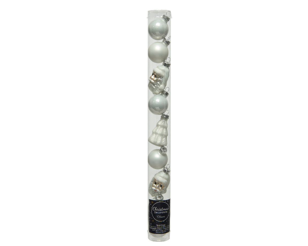 Winter White Mixed Glass Christmas Figure Baubles - Tube of 9