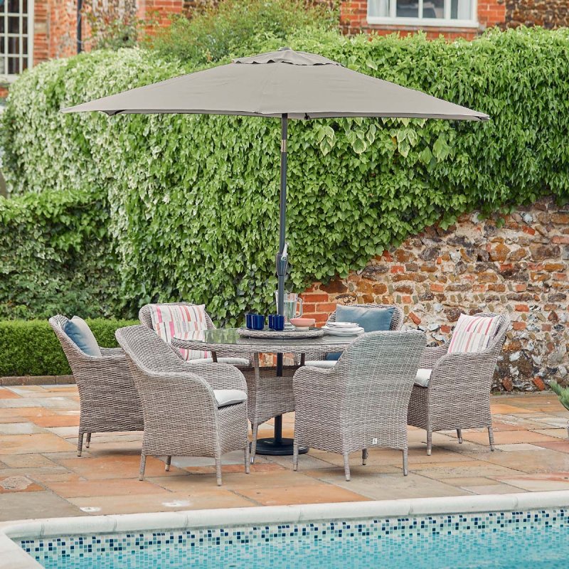 Leisure Grow - Monte Carlo Stone 6 Seat Dining Set With Weave Lazy Susan & 3m Parasol - Stone Grey