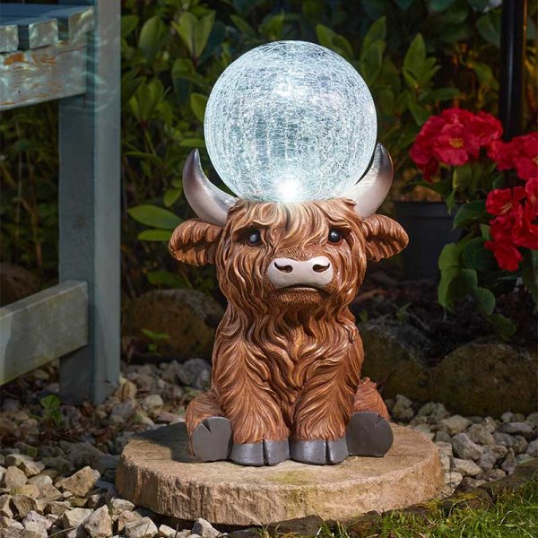 Highland Cow Colour Changing Orb Solar Garden Ornament