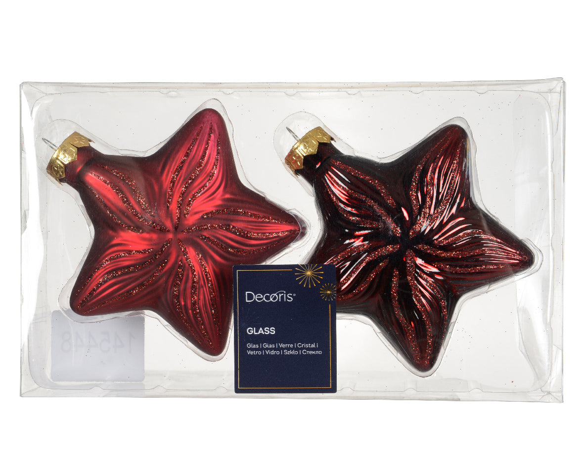 Oxblood Red Glass Star Shiny & Matte Glitter Baubles - Box of 2