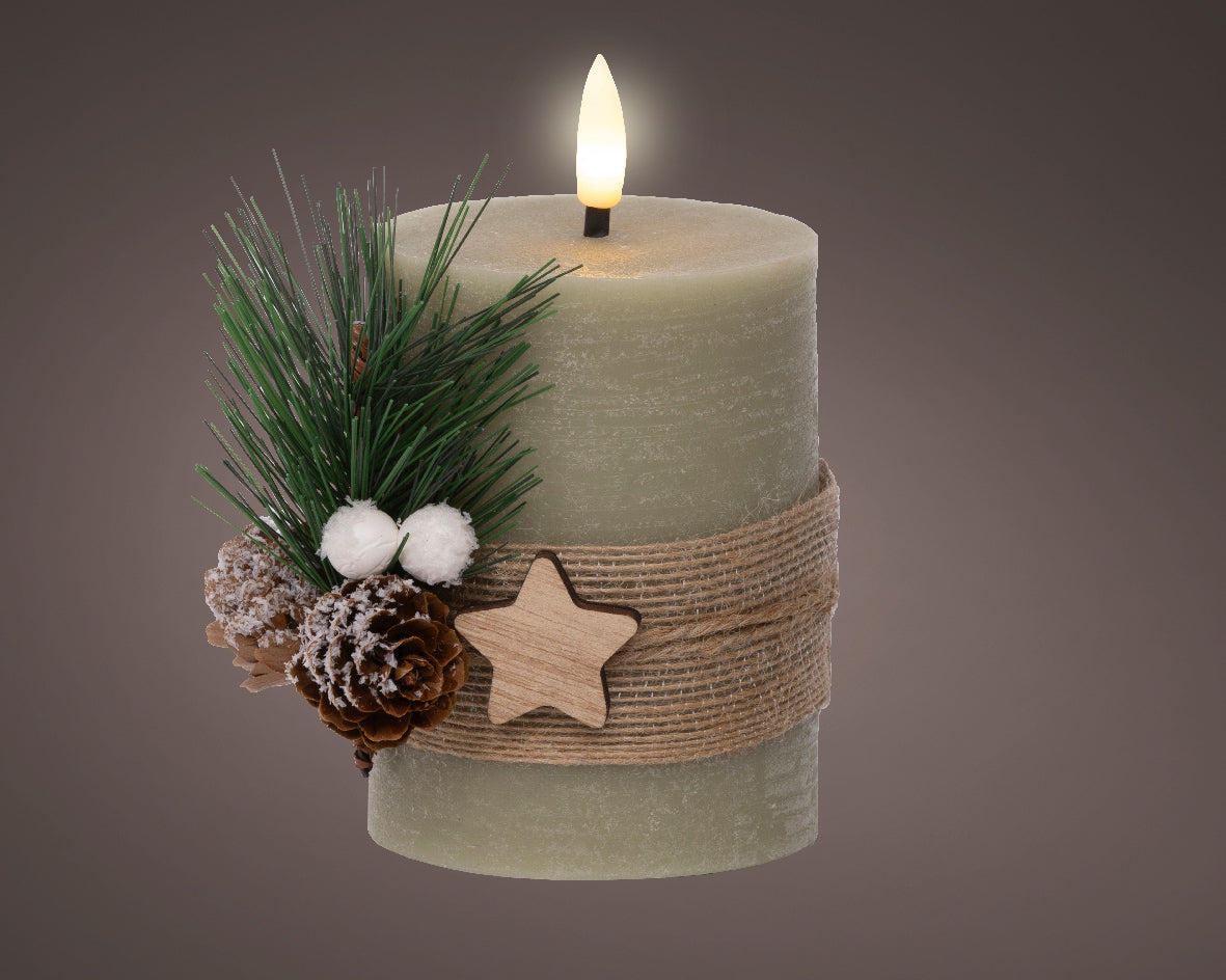 Light Up Green Wax Candle with Pinecones & Jute Ribbon - 13cm