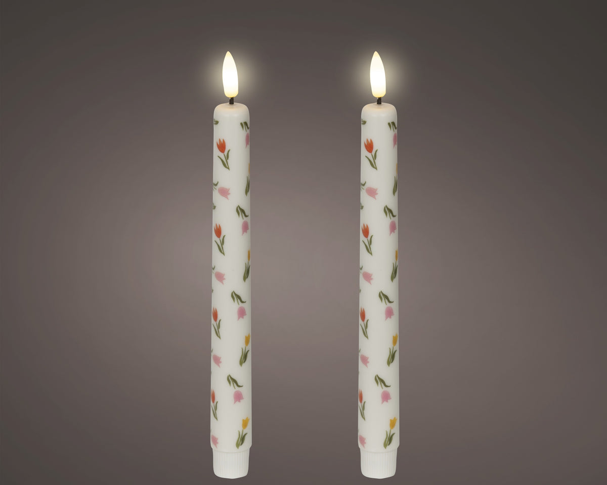 Set of 2 LED Tulip Patterned Wax Dinner Candles with Flame Effect
