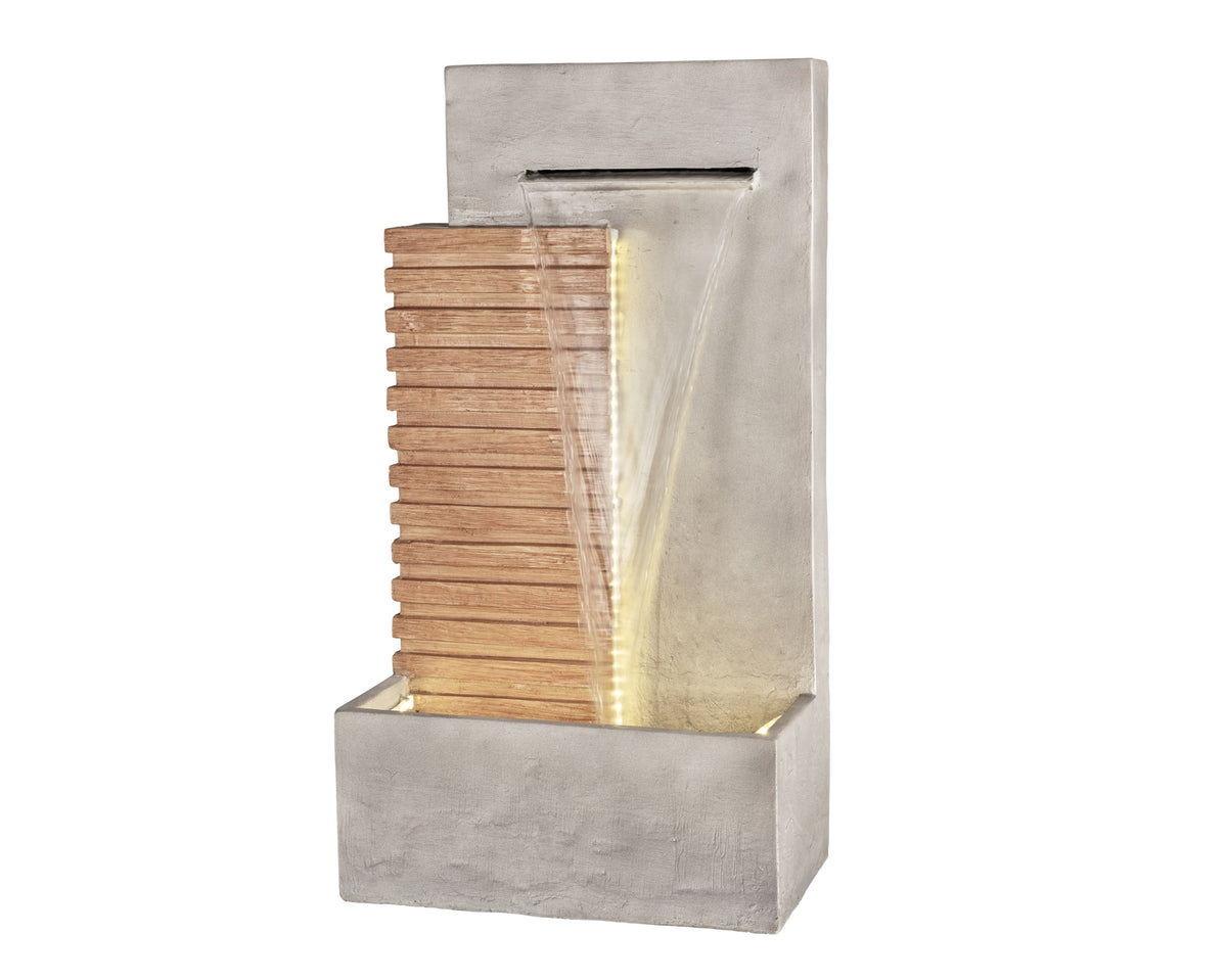 Lumineo Large Grey & Wooden Look Rectangular Outdoor Water Feature 112cm with LED Lights