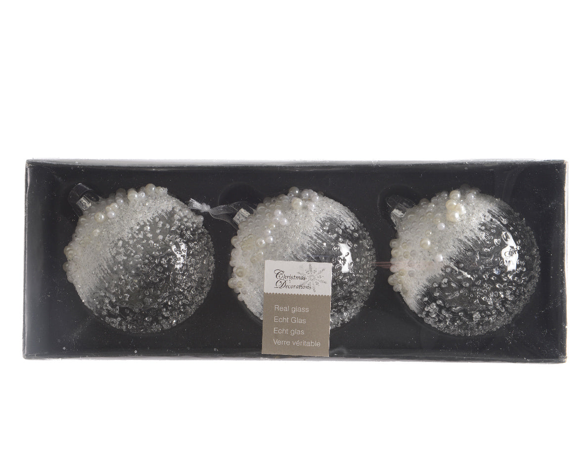 Glass Bauble with Speckled Clear Glass & Pearls - Pack of 3