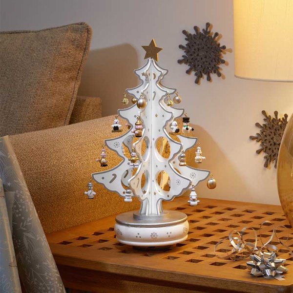 Musical Wooden Silver & White Christmas DécoTree Spinning Ornament