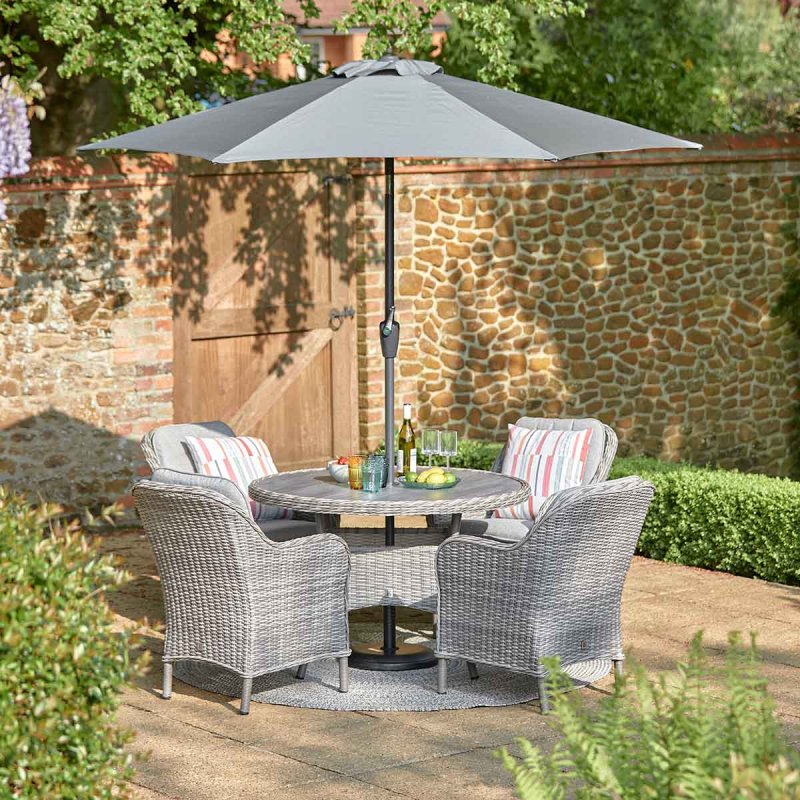 Leisure Grow - St Tropez Stone 4 Seat Dining Set with 2.5m Parasol - Stone Grey