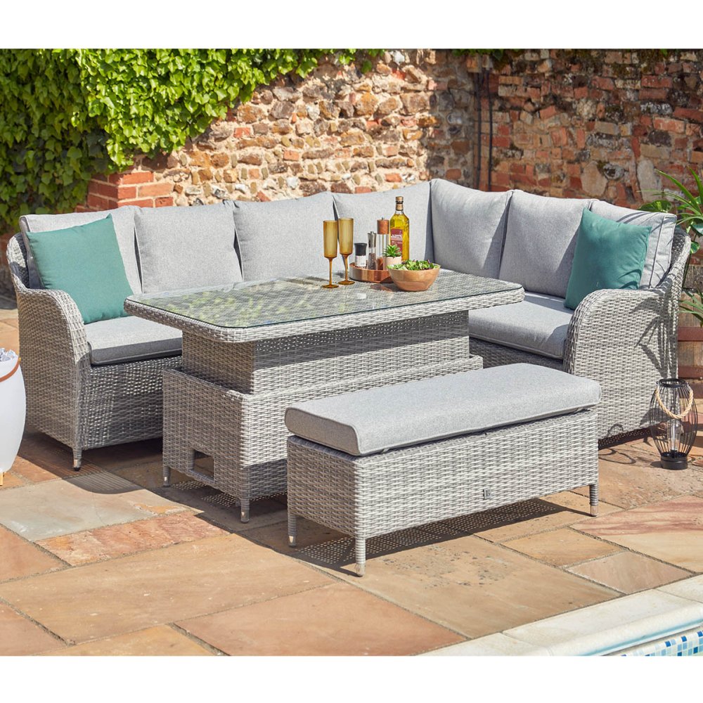 Leisure Grow - Monte Carlo Stone Large Rectangular Corner Dining Modular Set with Height Adjustable Table - Stone Grey