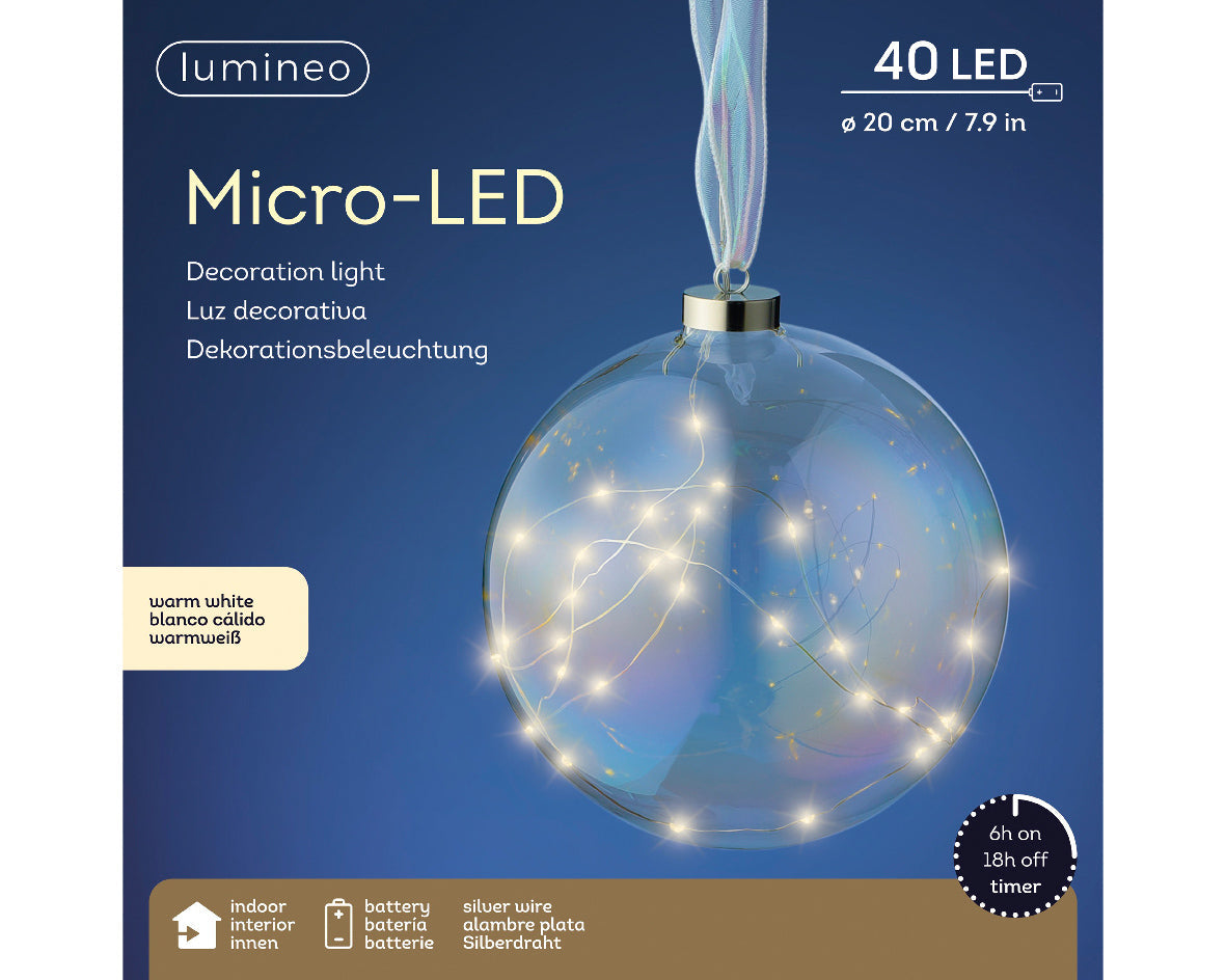 Battery Operated Micro LED Warm White Glass Iridescent Ball with Ribbon Hanger  - 20cm