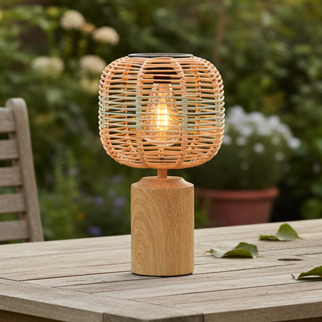 Lumineo Premium Natural Colour Wicker Solar Powered Table Lamp Light - 36cm