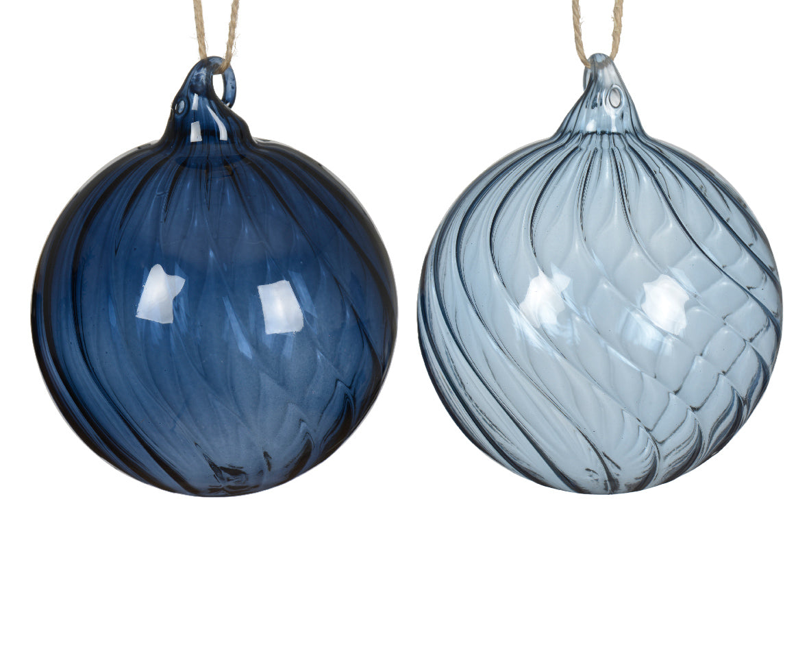 Blue Clear Glass Bauble with Swirl Detailing - 8cm