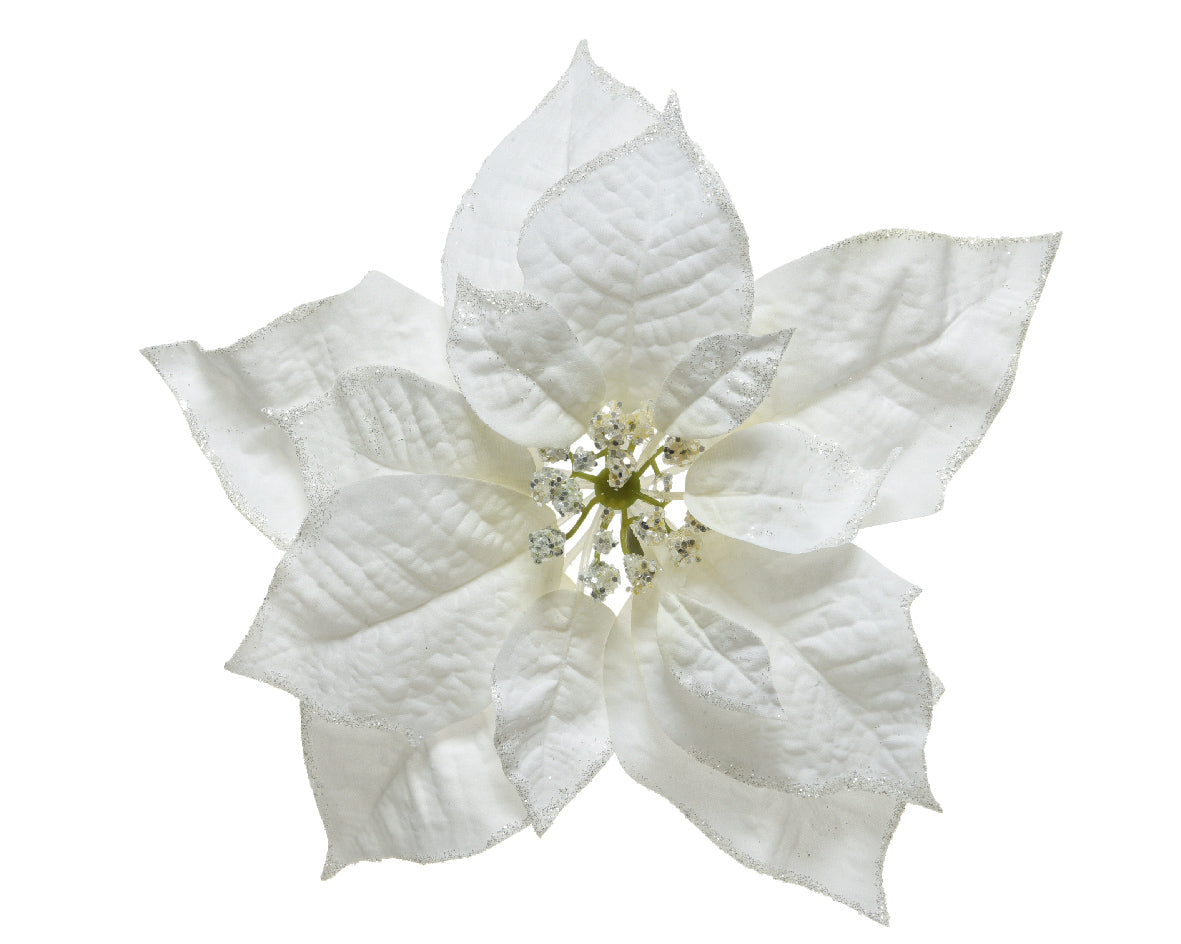 Silk Poinsettia Clip with Glitter Finish in White
