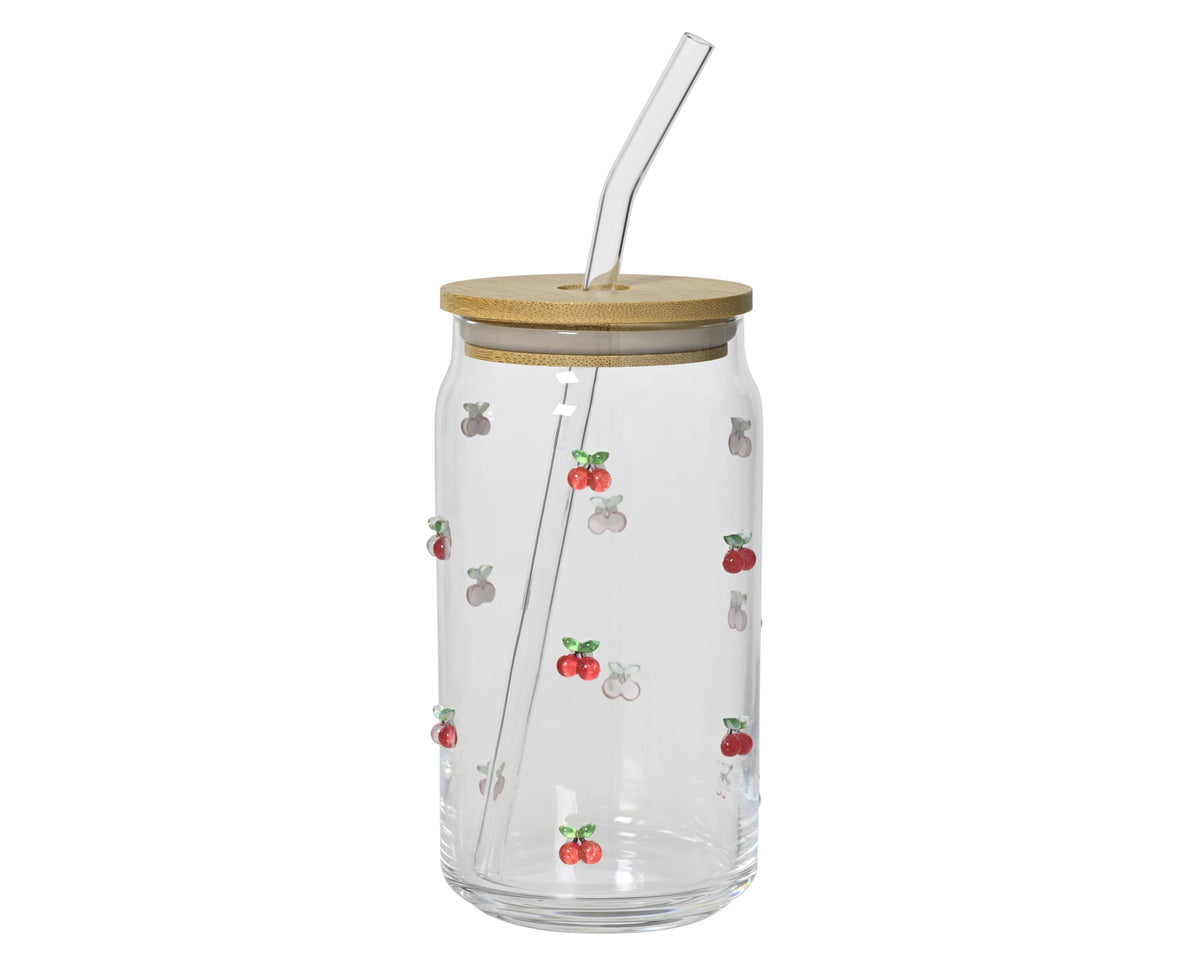 Summer Cherry Drinking Glass with Straw