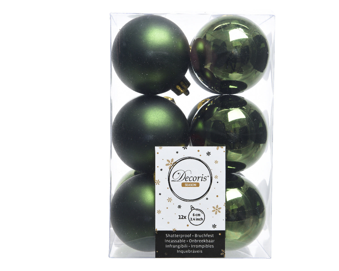 Pine Green Shatterproof Shiny and Matt Baubles - Box of 12