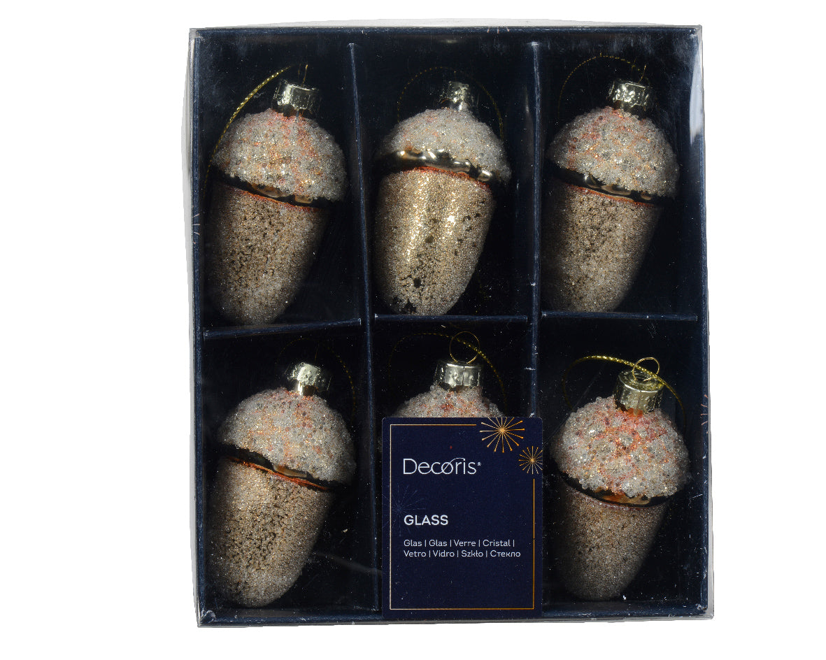 Light Gold Acorn Glass Bead Baubles - Box of 6