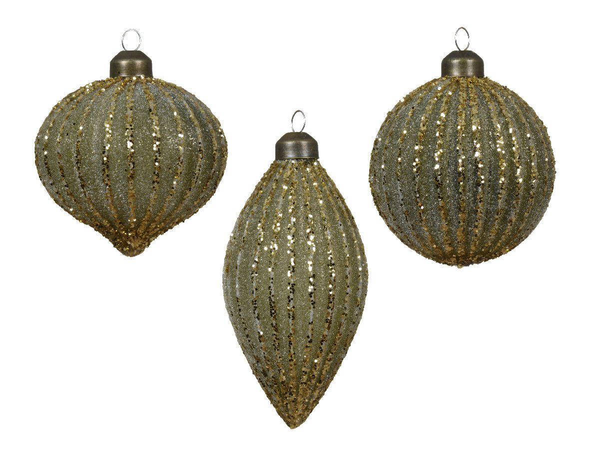 Green Glass Bauble with Glitter Line Detailing