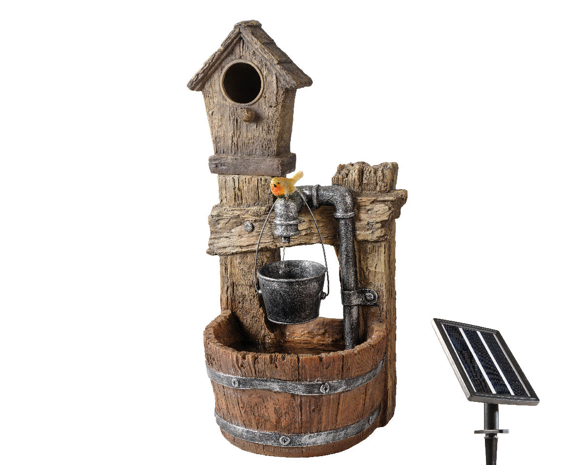 Premium Solar Powered Tipping Pail Barrel Robin Water Feature with Lights & Battery Back Up