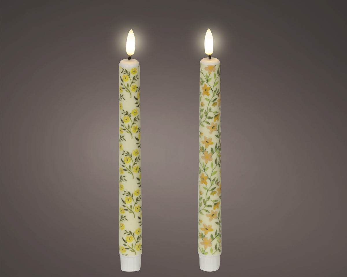 Set of 2 LED Floral Patterned Wax Dinner Candles with Flame Effect