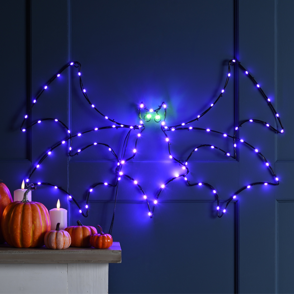Halloween Purple Flying Bat Metal Frame Wall Decoration with 102 LEDs 60cm