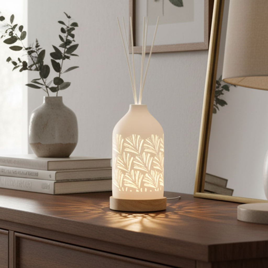 Aromatize Light Up White Ceramic Reed Diffuser with Fan Pattern - 19cm