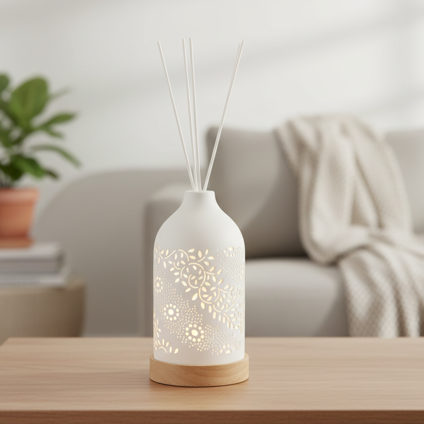 Aromatize Light Up White Ceramic Reed Diffuser with Leaf Pattern - 19cm