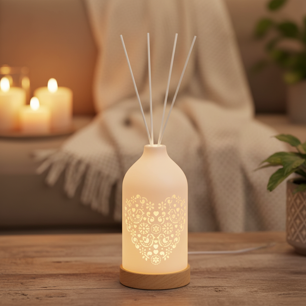Aromatize Light Up White Ceramic Reed Diffuser with Heart Pattern - 19cm
