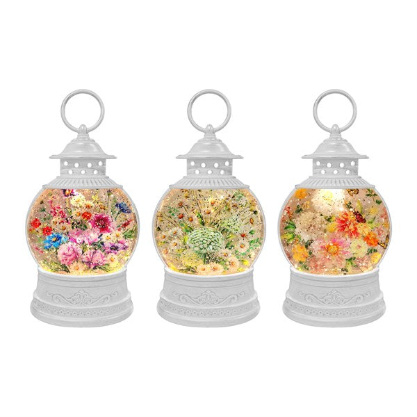 White Floral LED Glitter Water Spinner Lantern 23cm