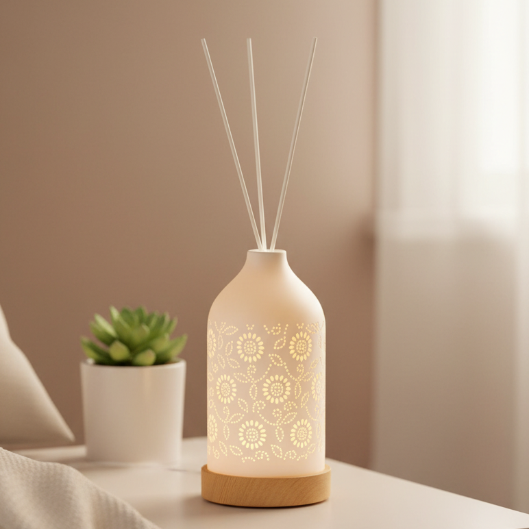 Aromatize Light Up White Ceramic Reed Diffuser with Floral Pattern - 19cm