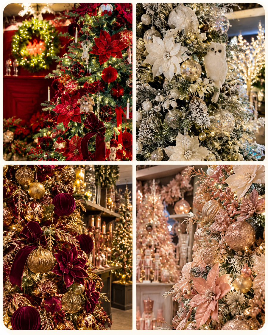 Four Christmas decoration styles: traditional red, winter white, burgundy velvet and blush pink