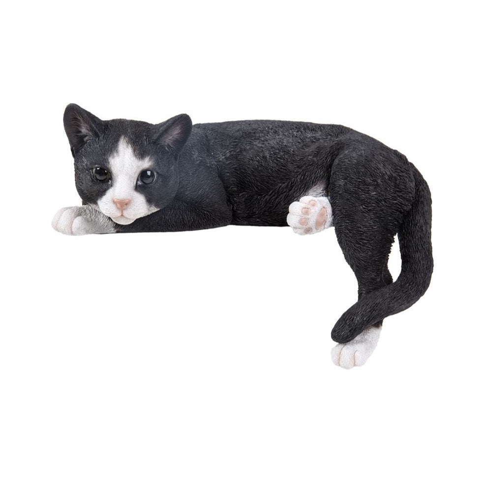 Vivid Arts - Real Life Laying Black & White Cat Garden Ornament