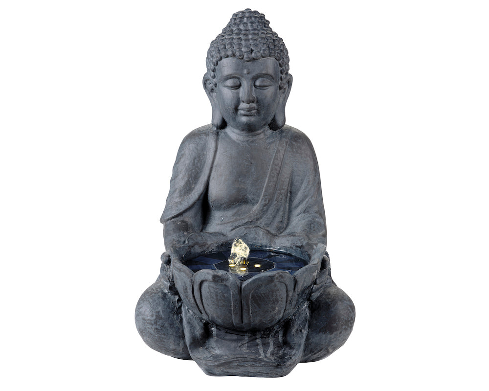 Solar Powered Buddha Water Feature / Fountain with LED Lights & Batter ...