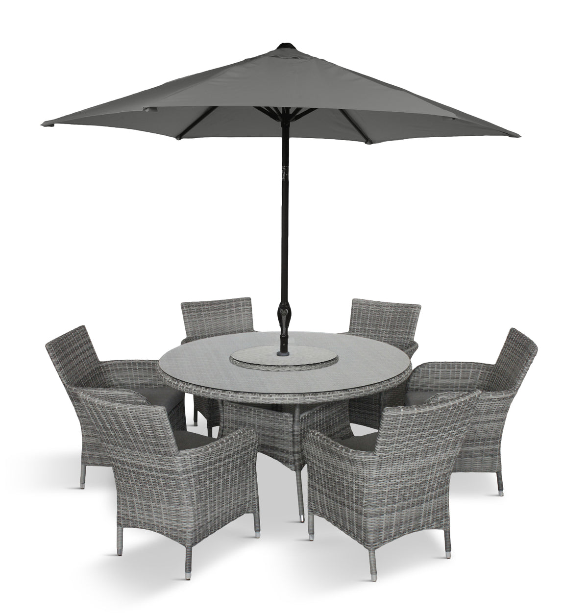 Leisure Grow - Monaco Stone 6 Seat Dining Set With Weave Lazy Susan & 3m Parasol - Stone Grey