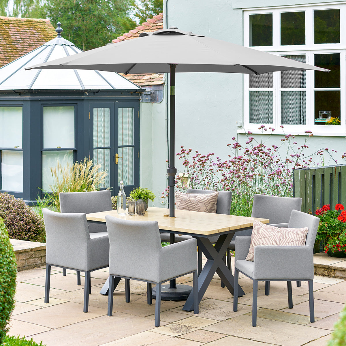 Leisure Grow - Venice 6 Seat Rectangular Aluminium Dining Set with All Weather Fabric Chairs & 3m Parasol