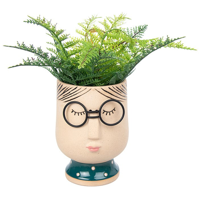 plant pot face with glasses Unique Lady Mildred Face Teal House Plant Pot with Glasses